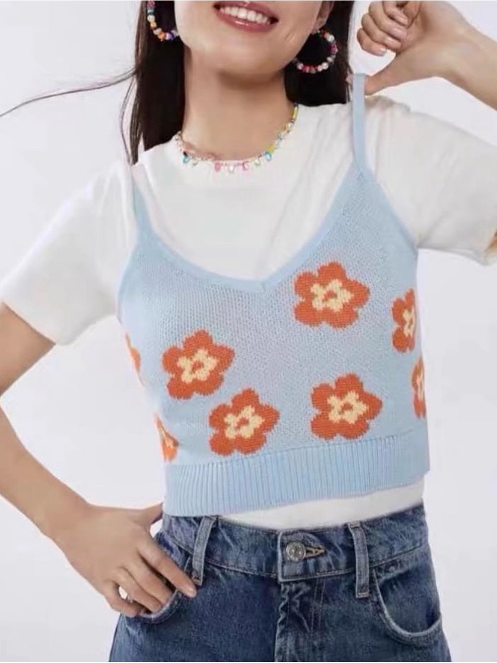 ZARA Floral Knit Crop Cami Blue Orange Jacquard | Size L